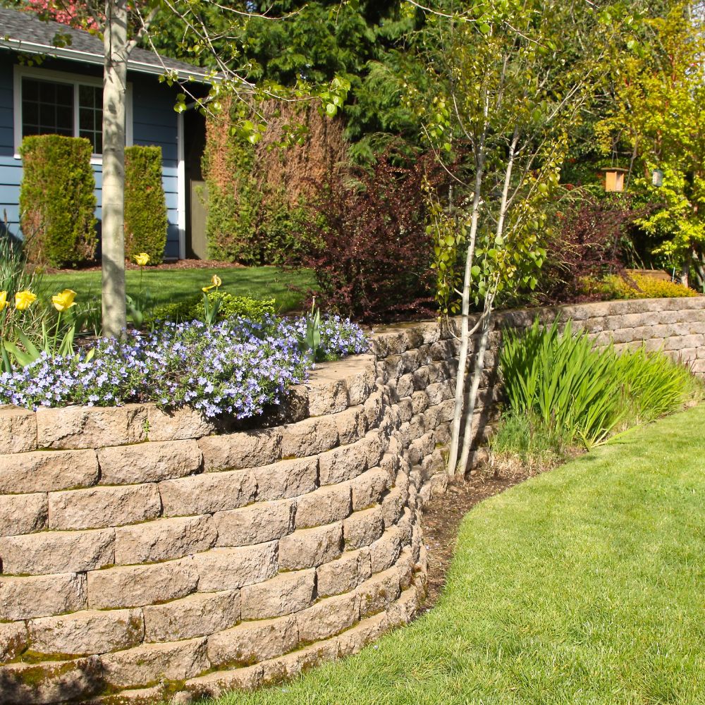 gray retaining wall with flowers on top next to green grass